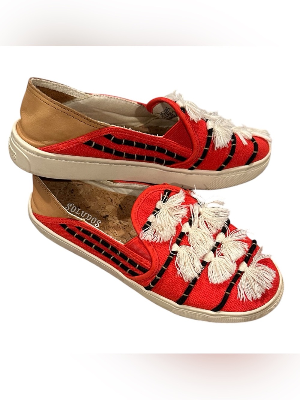 Soludos Red Tan Tassel Slip-On Boho Summer Sneakers 7.5